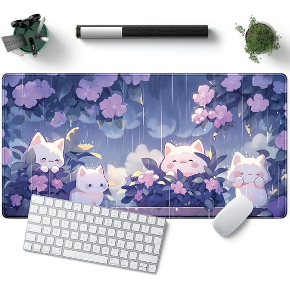 Kawaii Cat Desk Mat XXL Extended Purple Gaming Mouse Pad Large Mousepad, Cute Desk Mat Keyboard and Mouse with Stitched Edges Desk Pad for Game Office Home Desk Purple Decor 31.5x15.7 in