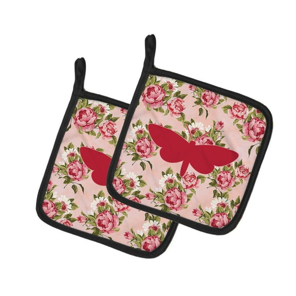 Moth Shabby Chic Pink Roses Pair of Pot Holders