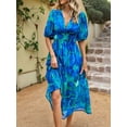 thumbnail image 4 of Womens Summer Dresses 2025 Casual Puff Short Sleeve V Neck Floral Boho Maxi Dress Blue XL, 4 of 8