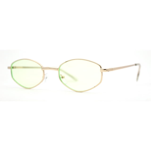Narrow Hexagon Hippie Color Lens Metal Rim Dad Shade Sunglasses Gold Green