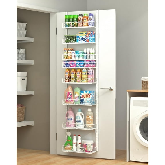Over The Door Pantry Organizer, 8-Tier Wood & Metal Over The Door Organizer with Adjustable Basket, Hanging Spice Rack, Door Organization and Storage for Kitchen Pantry Door Cabinet, White