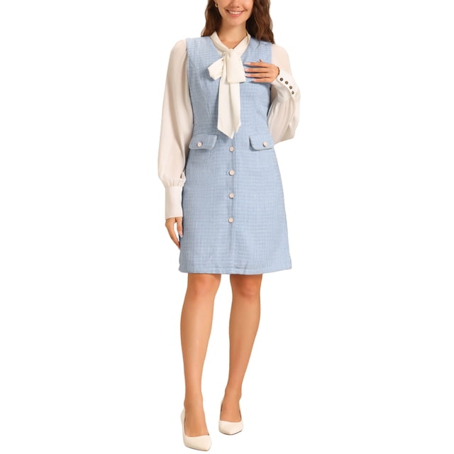 VESTIDO INSPIRADO CHIC para MUJER, de cuadros, tweed, con escote en V, sin mangas, de un solo botón y con bolsillos, color gris azul