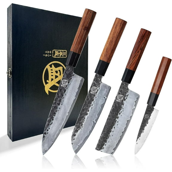 Japanese Chef's Knife Set 4 Pcs, Professional Hand Forged Kitchen Chef Knife Set, High Carbon Ultra Sharp Cooking Chefs Knife Set (Rosewood Handle & Sandalwood Box)