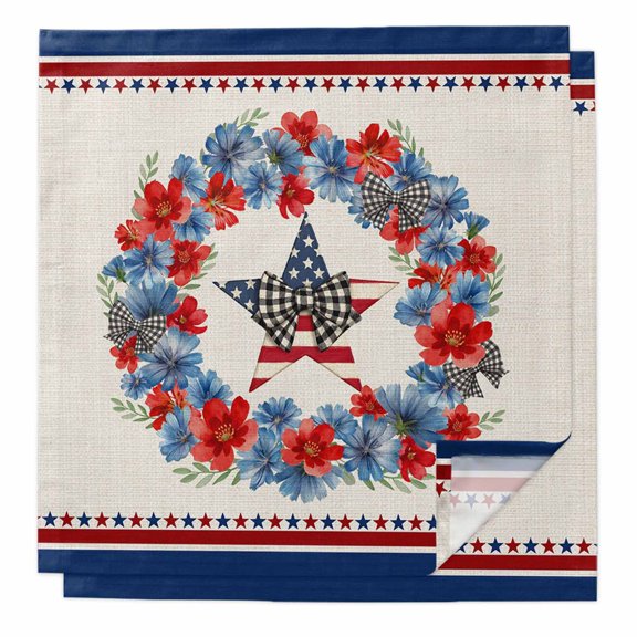 Patriotic American Flag Cloth Napkins, Blue Red Flowers Wreath Retro Beige Washable and Reusable Dinner Napkins Set of 2, Table Napkin for Kitchen Party Birthday Wedding Hotel Housewarming 20"x20"