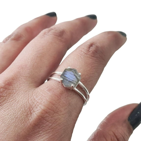 Hexagon Labradorite Ring, 925 Sterling Silver Ring, Women Ring, Natural Labradorite, Birthstone, Christmas, Thanksgiving, Tiny Dainty Ring, Handmade, Statement Jewelry, Wedding, Anniversary Gift