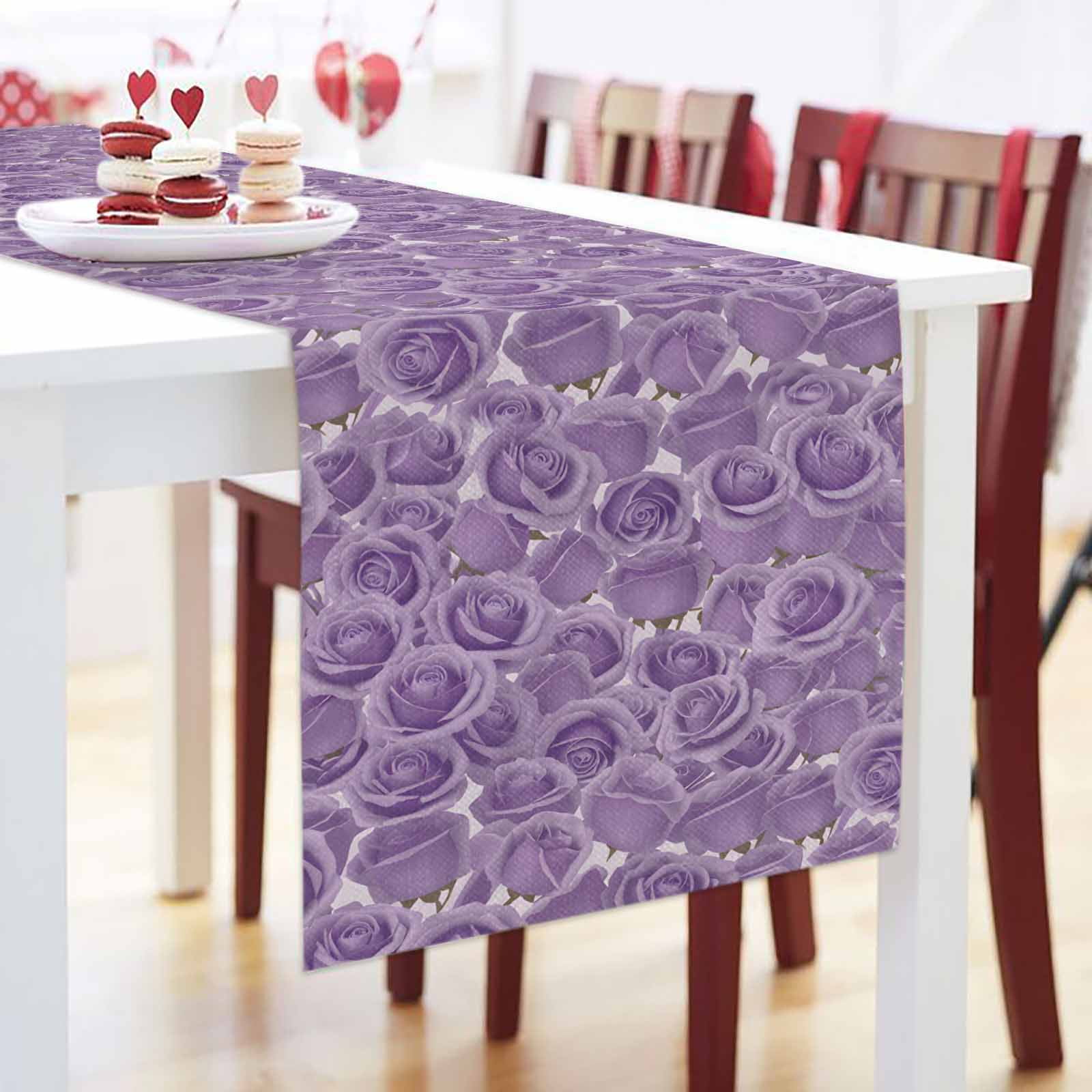 Purple Rose Table Runner, Valentine's Day Washable Cotton-linen Table Runners Dining Kitchen Decoration for Everyday Home Wedding Party Decor, 13 x 120 Inch