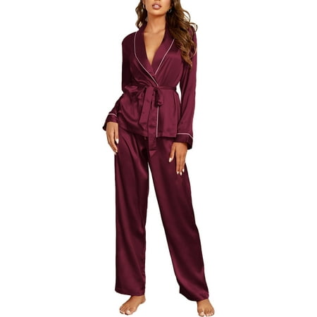 

Ma&Baby Women Silk Satin Pajamas Set Long Sleeve Lapel Nightwear Lounge Pants Sleepwear