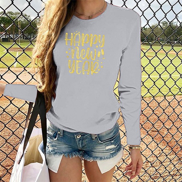 T-shirt Imprimé Bonne Année pour Femmes Manches Longues Blouse Décontractée