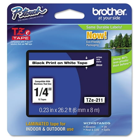 Brother P-Touch TZe Standard Adhesive Laminated Labeling Tape, 1/4"w, Black on White