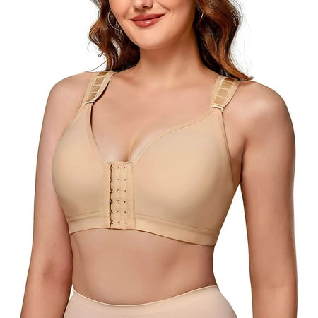 

Nebility Women Post Surgical Bra Front Closure Zip Hooks Sports Bras Racerback Support Wirefree Adjustable Straps(Beige X-Large)