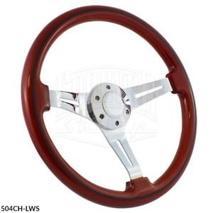 Chrome Slotted Steering Wheel Striped Light Wood Grip 380mm (15") - 6 Hole Hubs"