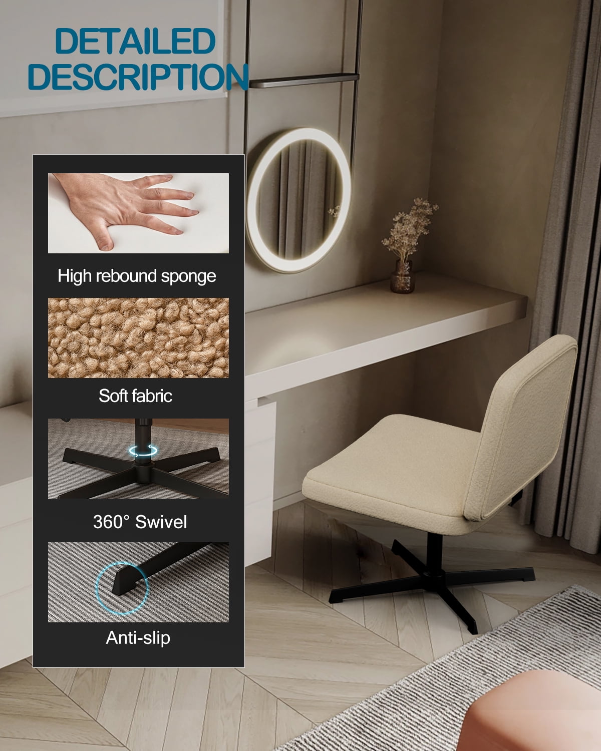 Cross Legged Office Chair,Armless Wide Seat Ergonomic Home Office Desk Chair No Wheels Swivel Home Office Desk Computer Chair for Vanity Home Office Bedroom Living Room(Normal Large Seat, Ivory)