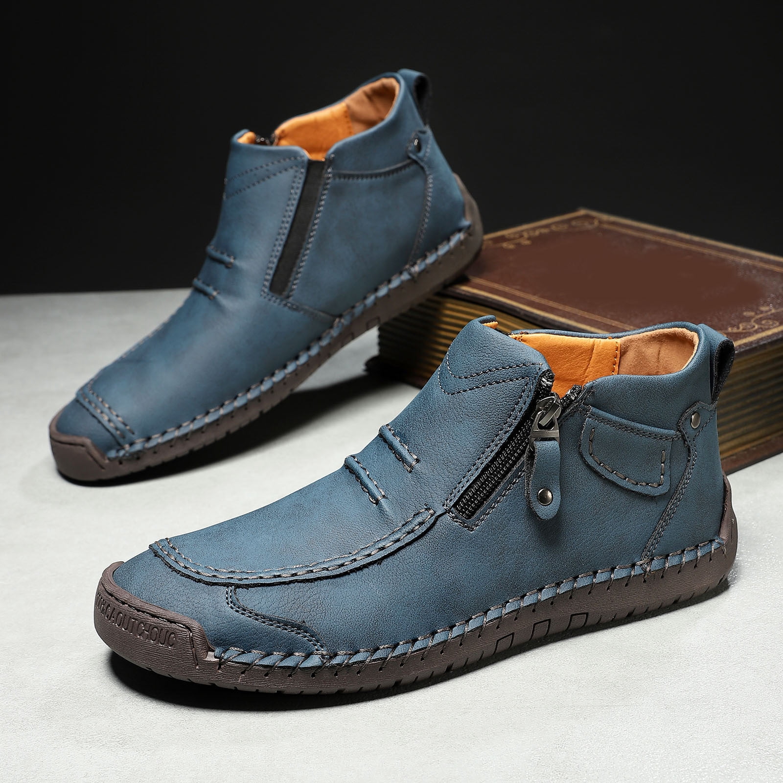 Menâs -On Orthopedic Leather Boots,Menâs Handmade Leather -On Driving Boots,Men Side Zipper Orthopedic Shoes for Driving Hiking