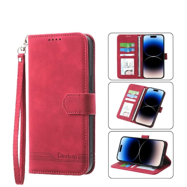 Wallet Case for iPhone 17 Pro Max Flip Phone Case with Card Slots, Cash Pocket, Kickstand, Magnetic Closure & Wrist Strap, TPU Soft Shell Cover Red