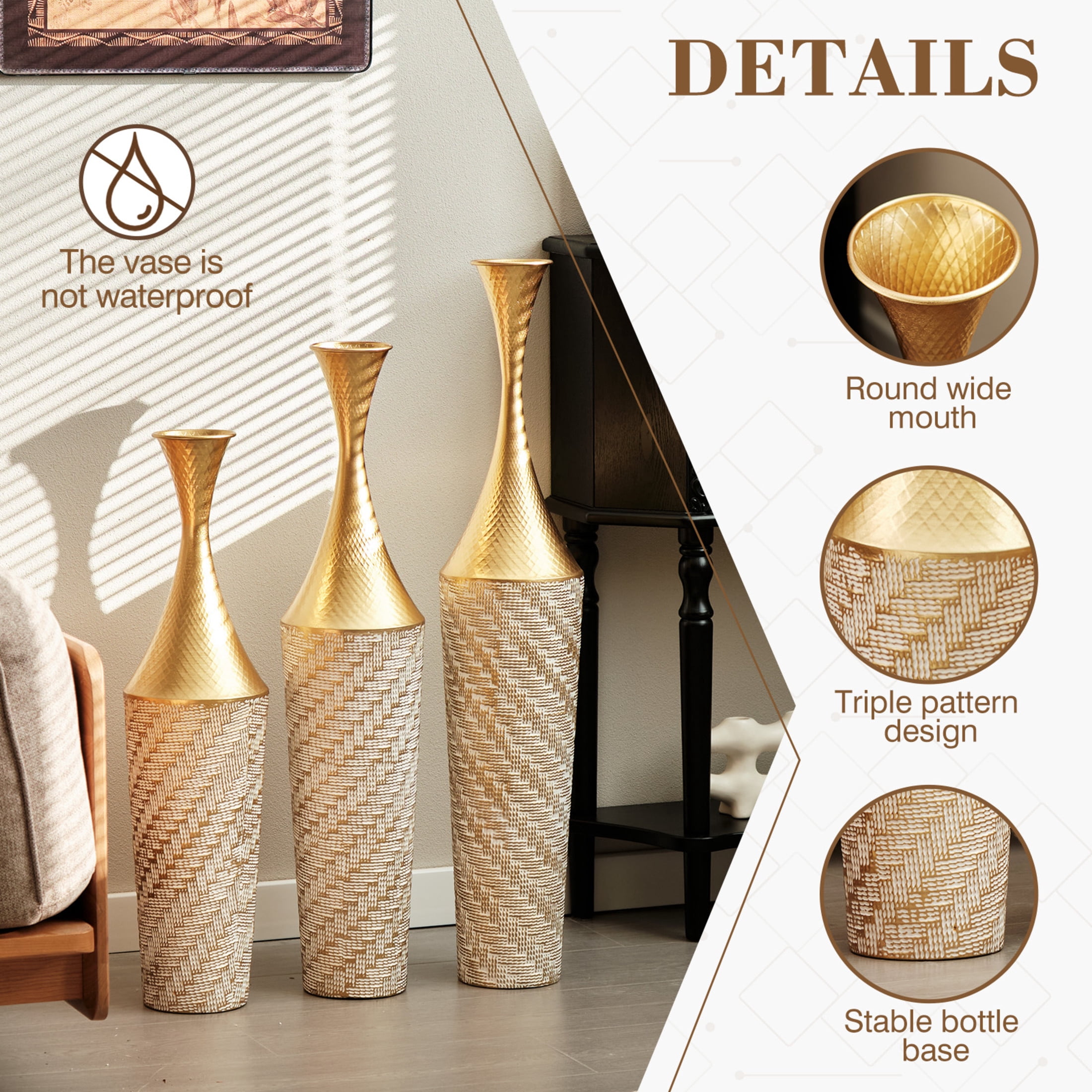Noble House 27.56", 31.5", 35.43" Metal Floor Vase Set of 3, Textured Handcrafted Vases, Gold+White