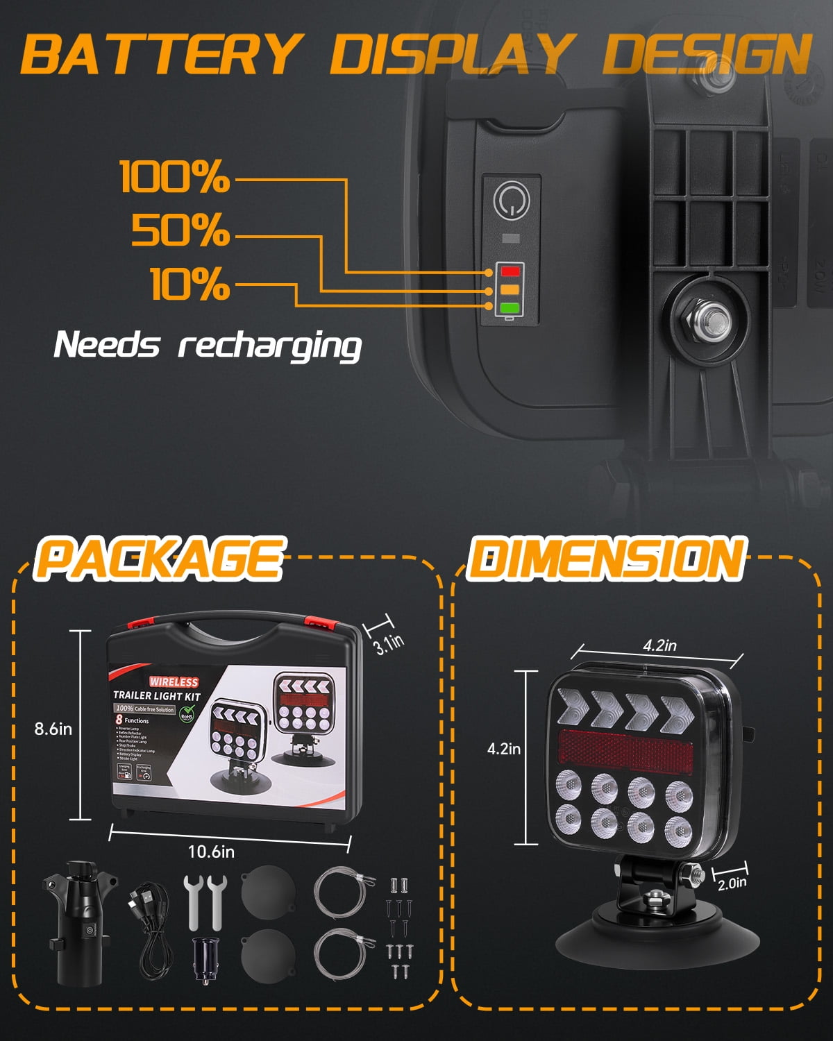 Wireless Magnetic Trailer Lights Kit Rechargeable LED Tail Turn Signal Brake