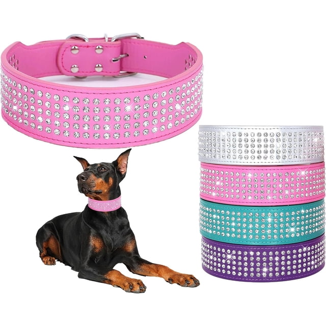 1Pack Rhinestones Dog Collars-2" Wide Crystal Diamonds Studded PU Leather 5 Rows Sparkly Crystal Studded Collar for Medium and Large Dog