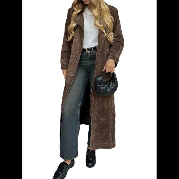Chaquetas de Gamuza para Mujer, con Solapa, Botones y Cinturón, Estilo Vintage, para Otoño e Invierno, Abrigo para Caminar Café L