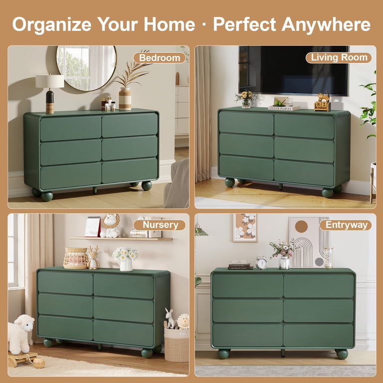 Yocwo 6 Drawer Dresser for Bedroom, Mid Century Chest of Drawers with Arc Edge and Round Leg, Wood Storage Large Dresser Organizer for Bedroom Living