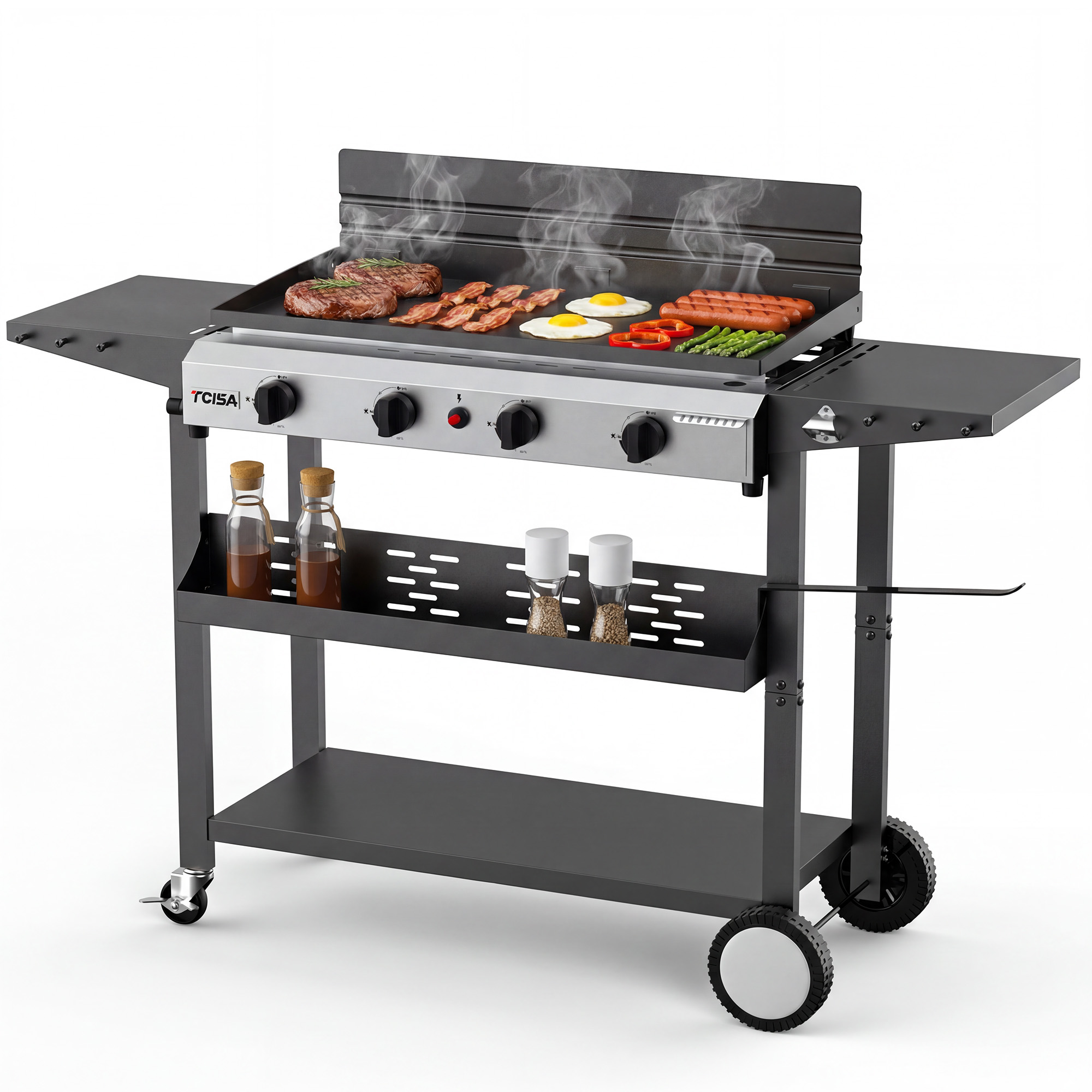 Tcisa 4 Burner Propane Gas Griddle with Standing Cart, Flat Top Grill with Hood for Camping, Tailgating, Backyard