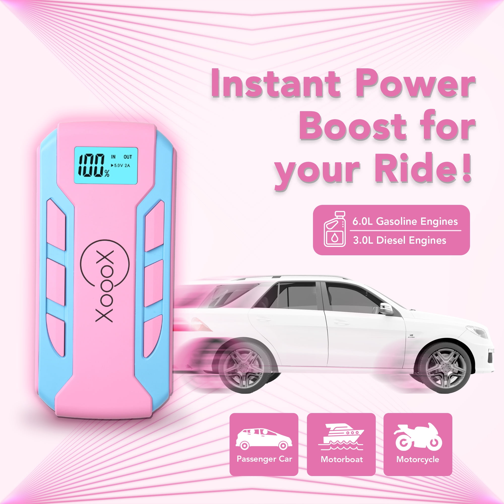 XoooX Pink Portable Car Battery Jump Starter Kit with Jumper Cables, LED Light and Case; 12V Jump Start Battery Pack; Portable Battery Charger for USB/USB-C Devices