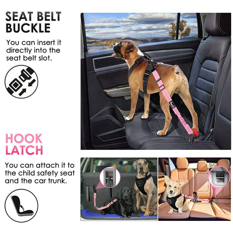 SlowTon Dog Seat Belt, Adjustable Dog Safety Belt Leash, 2 in 1 Latch Bar  Attachment Dog Car Seatbelt with Elastic Nylon Bungee Buffer, Reflective
