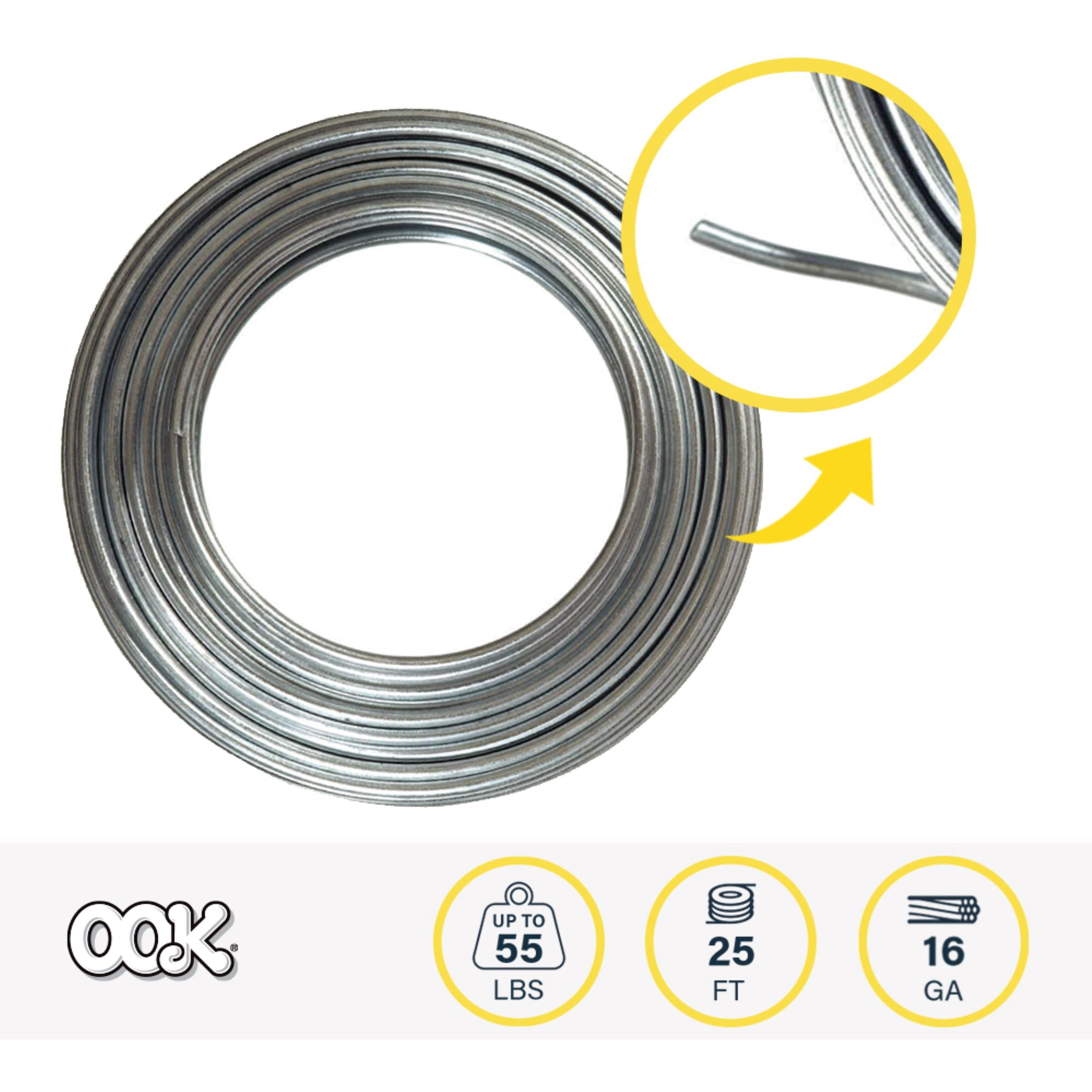 (3 pack) Ook Hanging Wire, 25 ft, 55 lbs, 16 Gauge Wire, Galvanized Steel, Silver