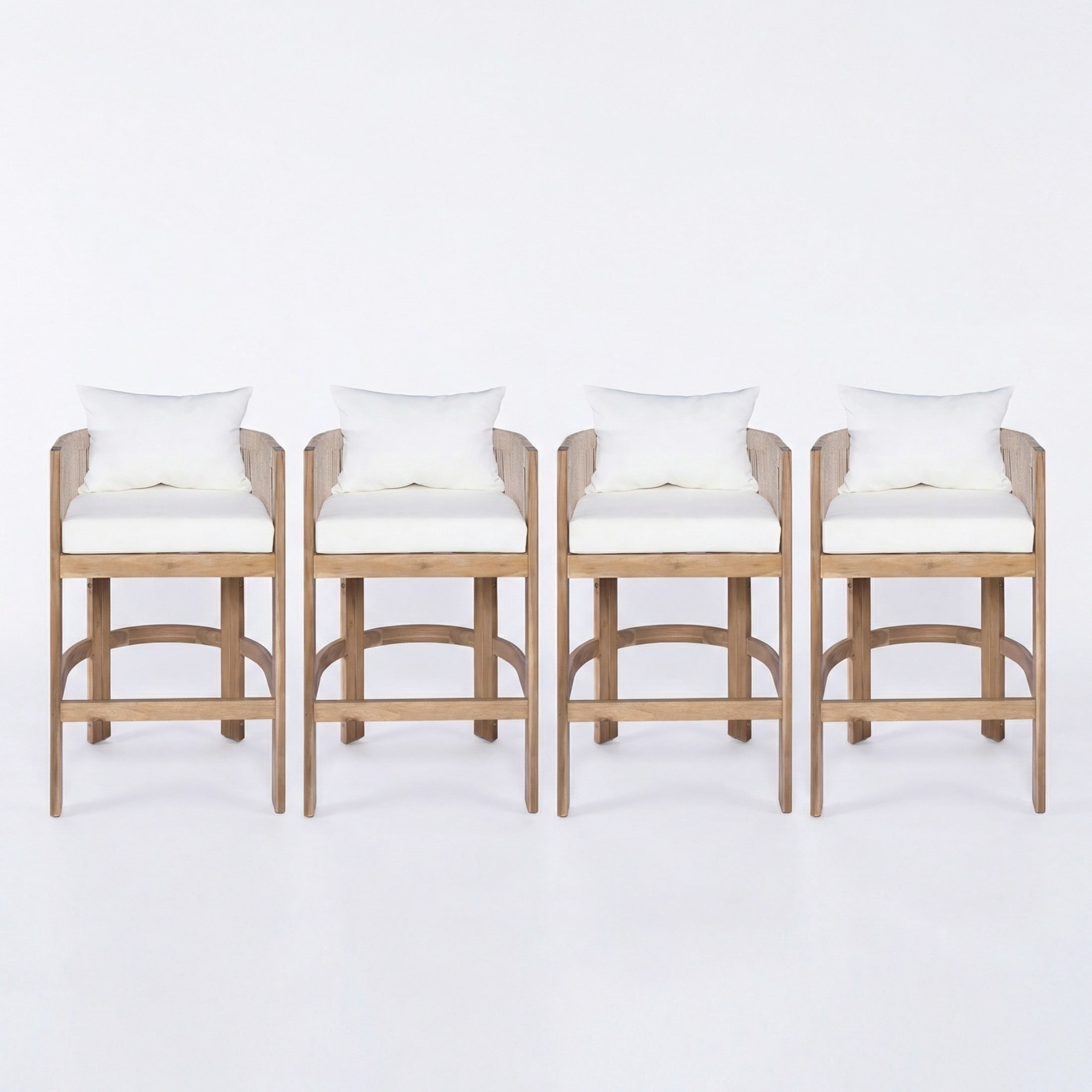Christopher Knight Home Coastal Outdoor Woven Rope Barstools, Solid Wood Frames, Set of 4, Beige Cushions