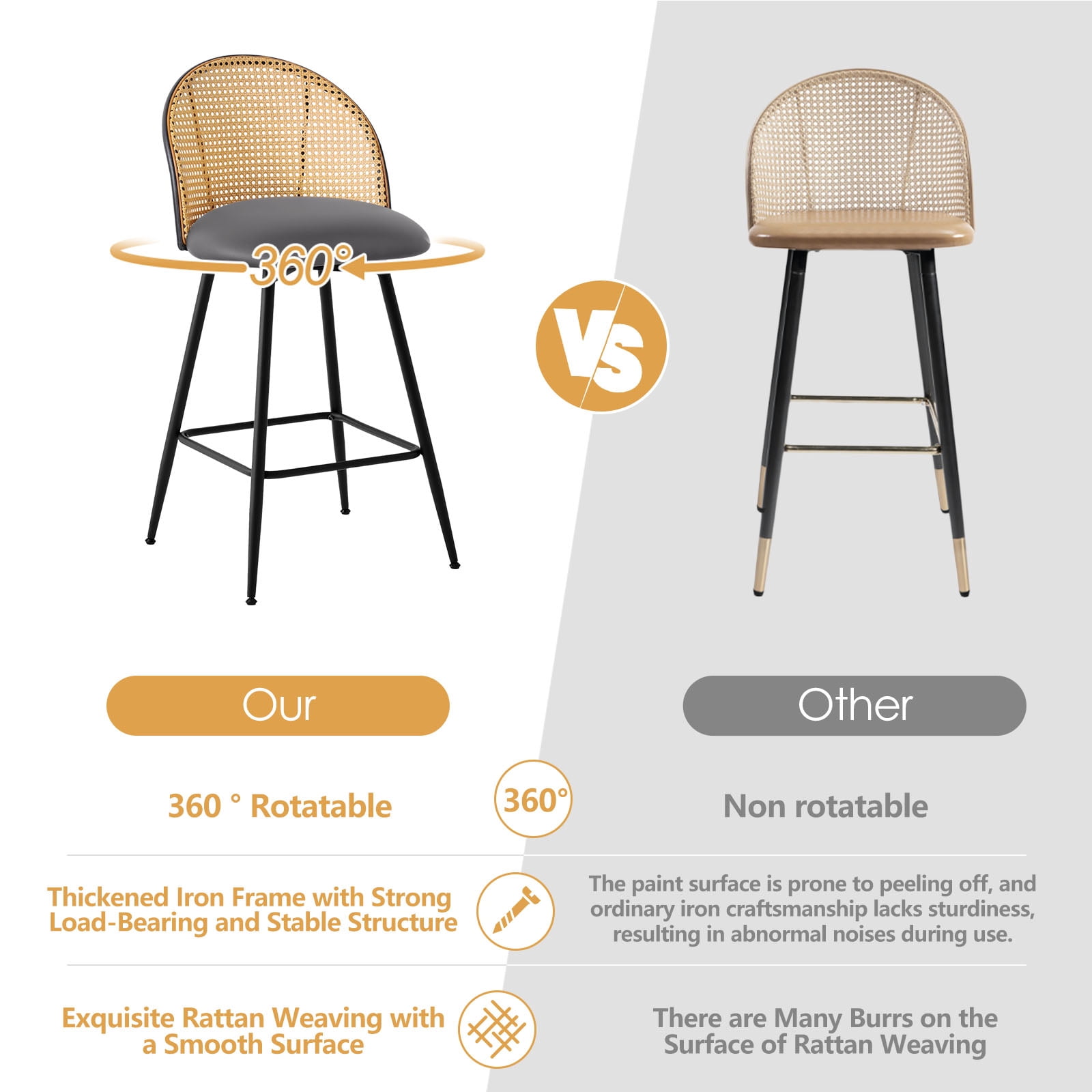 ANMINY Rattan Swivel Bar Stools, 26" Counter Height Set of 4, Upholstered Chairs Barstools with Full Back and Metal Legs Modern PU Fabric Seat for Kitchen Island