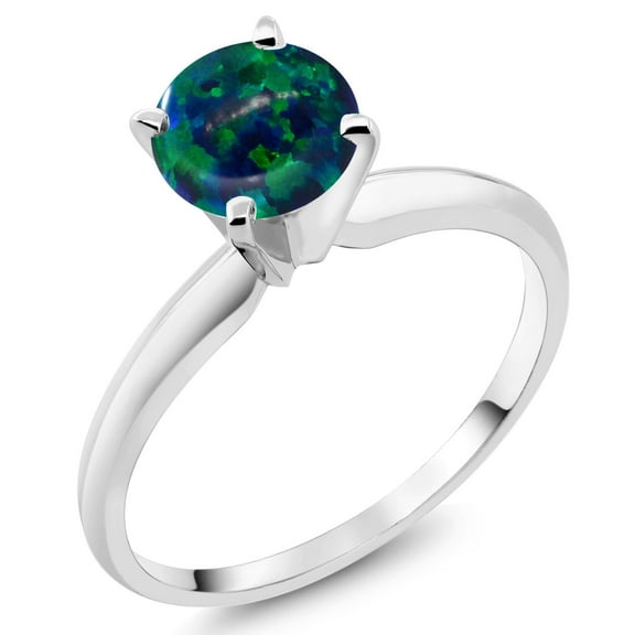 Gem Stone King 14K White Gold Women's Solitaire Engagement 4-Prong Ring 0.30 Ct Round Cabochon Green Simulated Opal