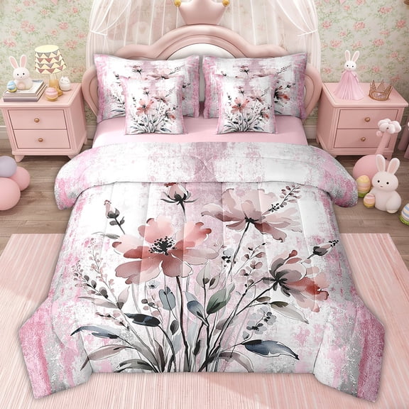 Erosebridal Groovy Floral Bed in a Bag Twin size, Watercolor Flower Bedding Sets Twin Size, Rustic Plant Reversible Comforter Sets 7pcs