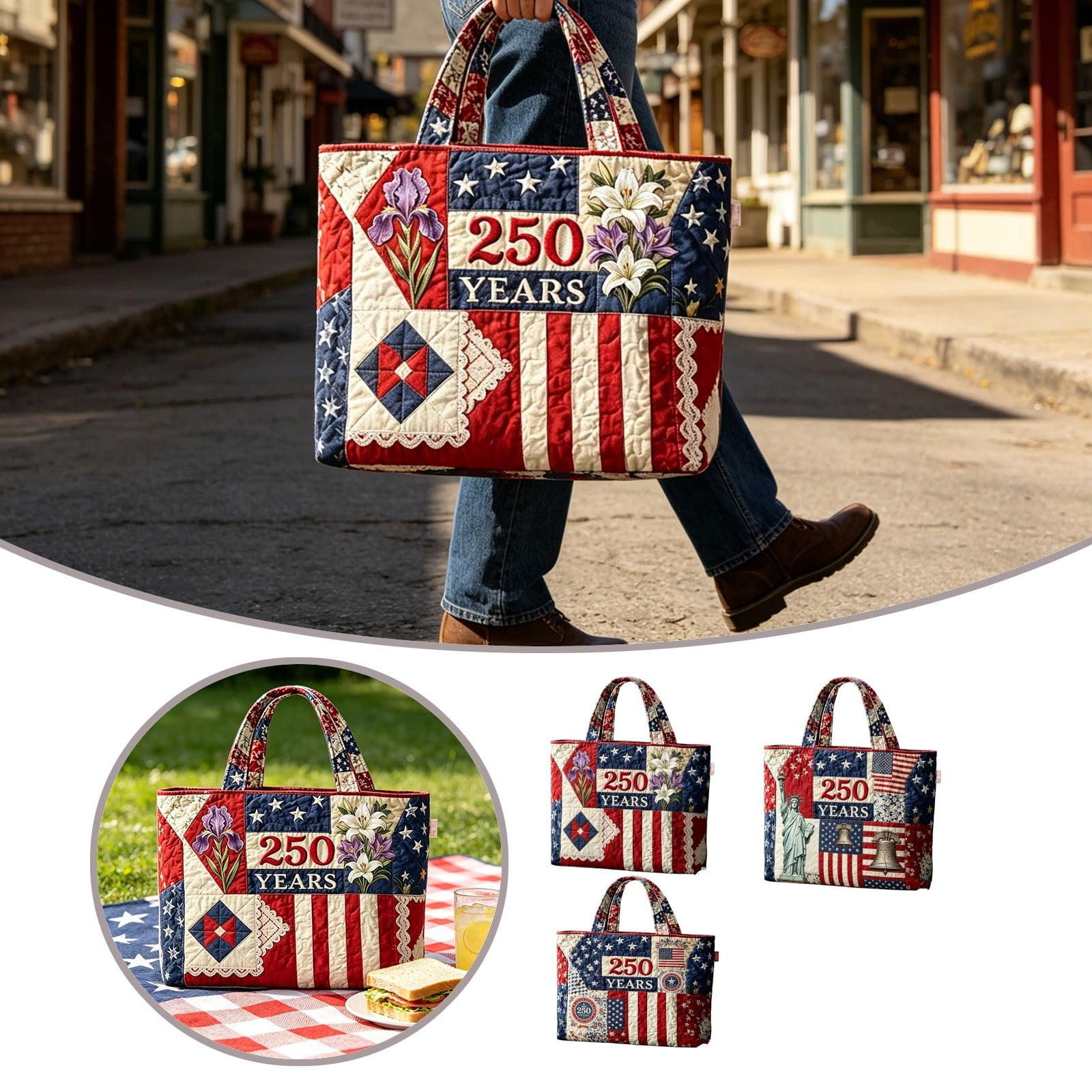 YANDE-15 Inch Patriotic Tote Bag American Flag Quilted Shoulder Bag 250th Anniversary Liberty Tote for Shopping Travel Work (J)