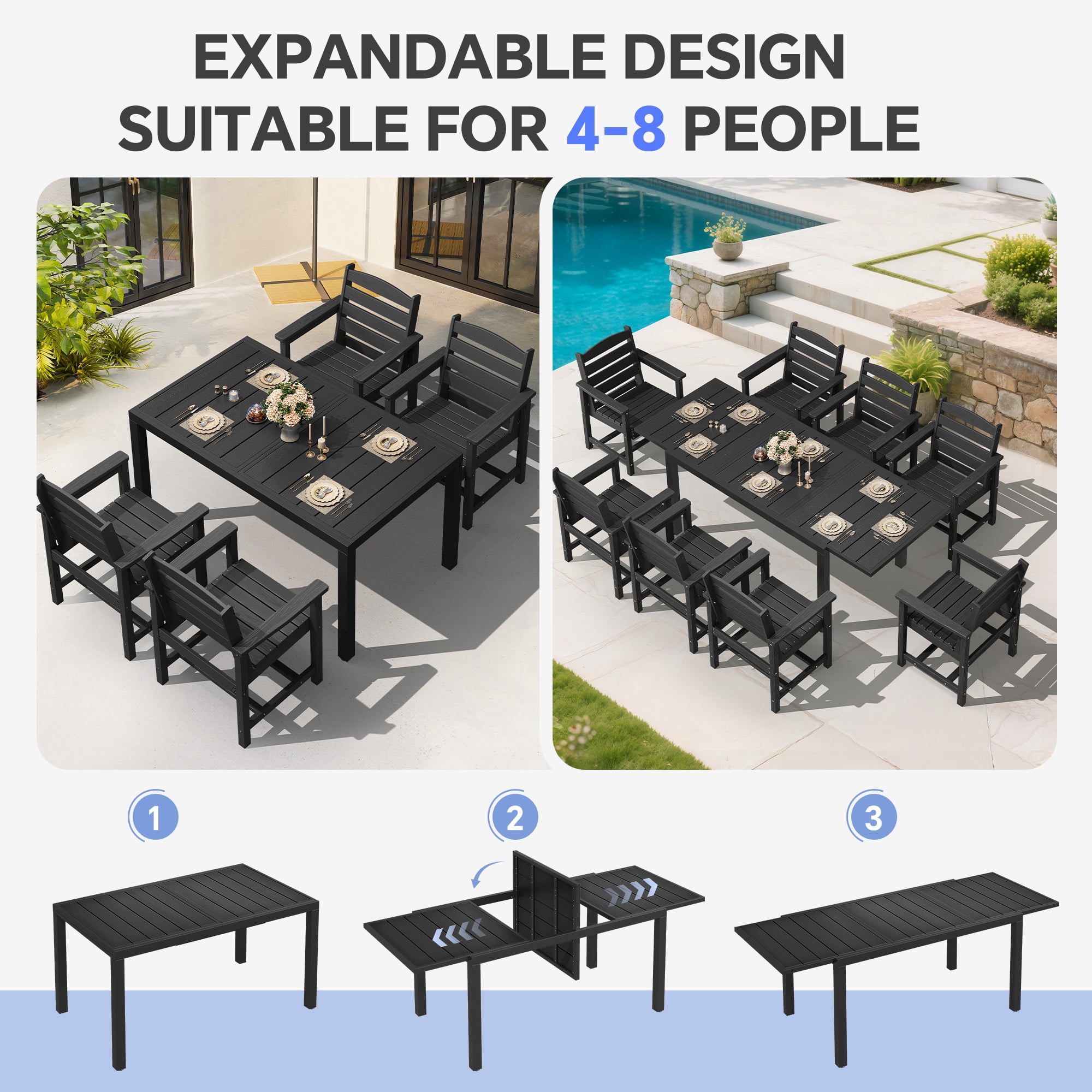 SERWALL 9-Piece Outdoor Dining Set with Expandable Patio Dining Table and 8 Chairs, 60–83 Inch All-Weather HDPE Patio Furniture Sets for Backyard, Garden, Deck, Poolside - Black