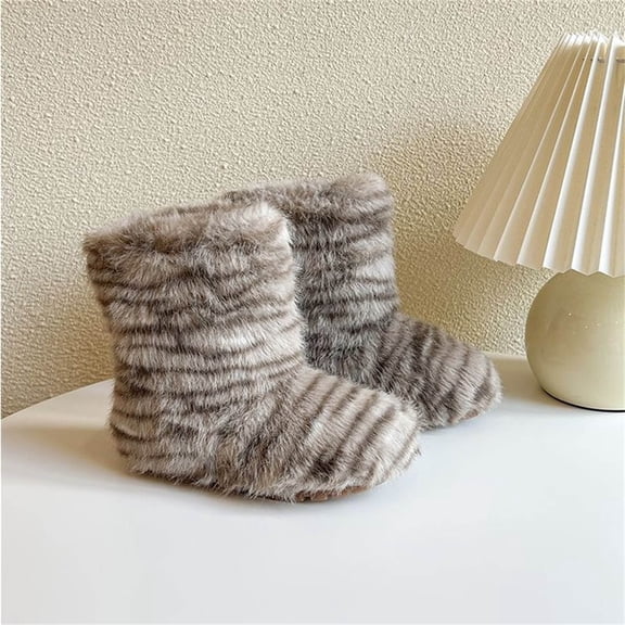 Miluxas Girls Boys Kids Fashion Faux Plush Striped Boots Fuzzy Fluffy Warm Winter Snow Boots Casual Flat Shoes Gray 12.5(30)