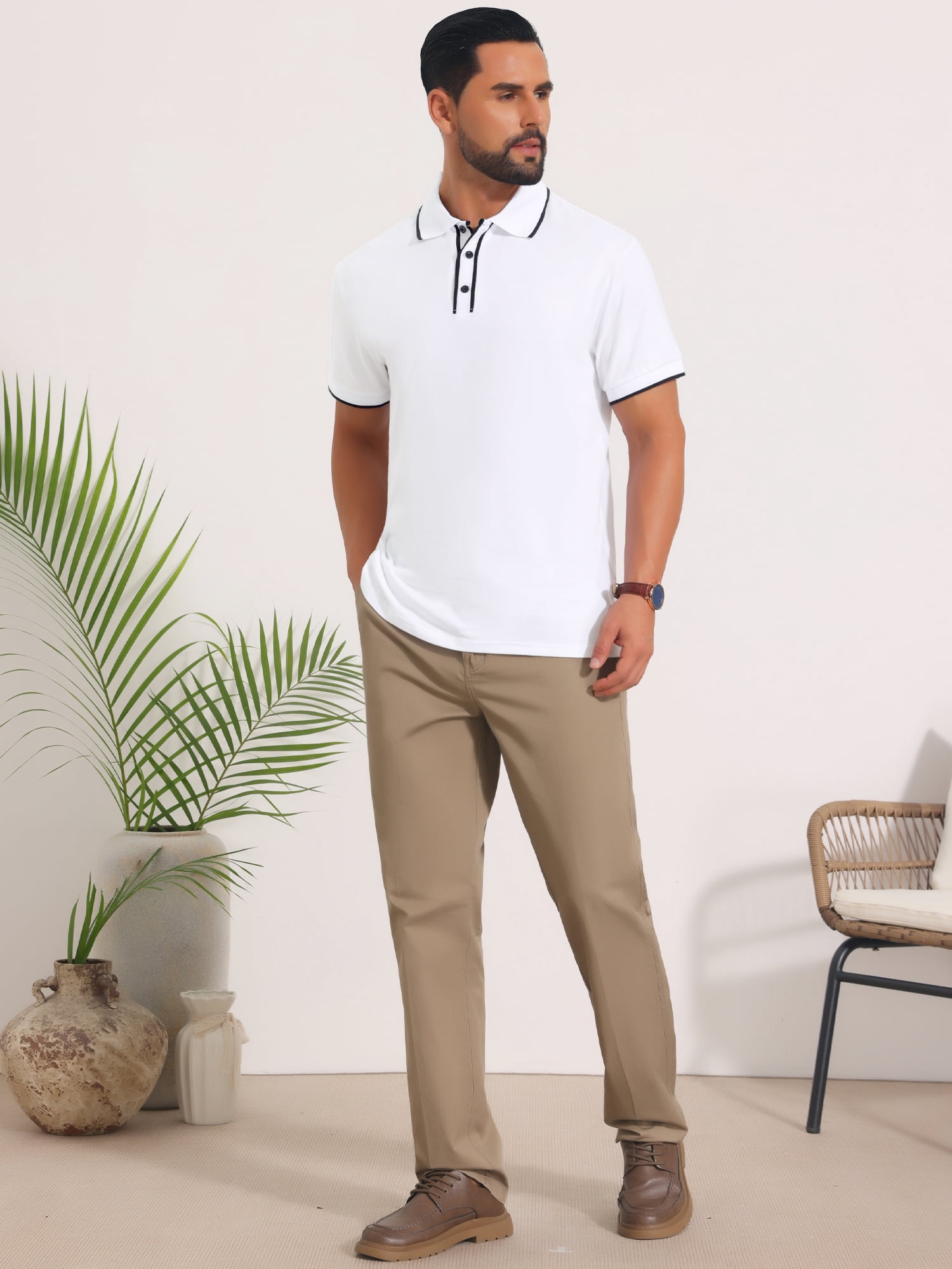 DARING DIVA Men's Contrast Trim Short Sleeve Button Closure Polo Shirts L White