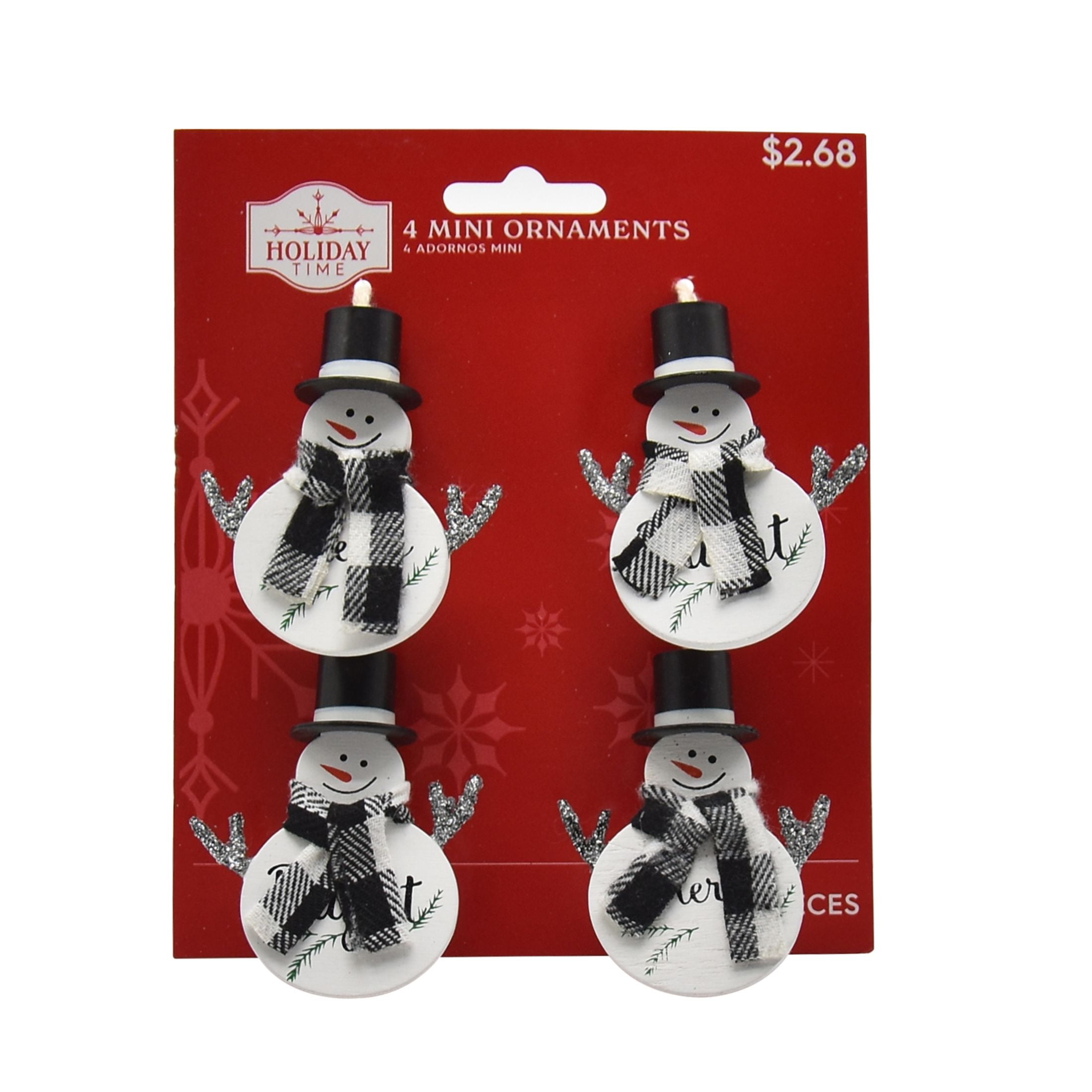 Holiday Time 4ct Mini Snowman with Black Plastic Hat and Plaid Pattern Scarf Ornament