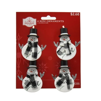 Holiday Time 4ct Mini Snowman with Black Plastic Hat and Plaid Pattern f Ornament