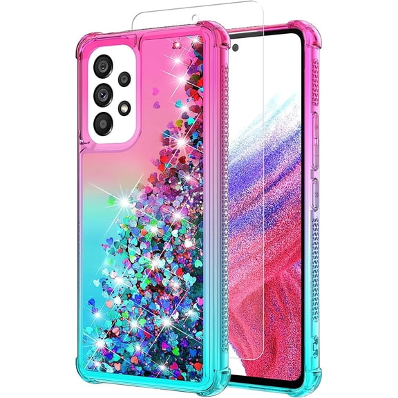 for Galaxy A53 Case,Samsung A53 5G Case with HD Screen Protector,Gradient Quicksand Glitter Liquid Floating Waterfall Durable Girls Cute Phone Case for Samsung Galaxy A53 5G (Pink/Teal)