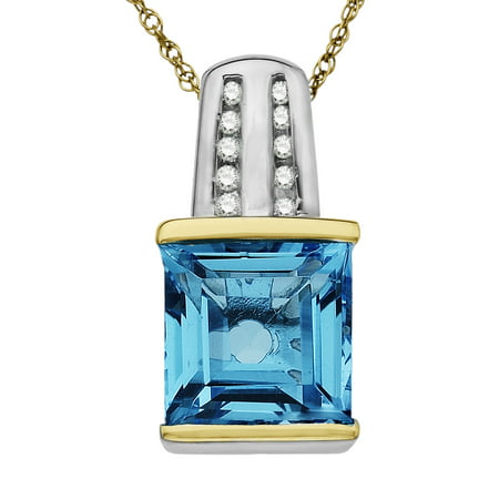Duet 3 1/2 ct Natural Blue Topaz Pendant Necklace with Diamonds in Sterling Silver & 14kt Gold