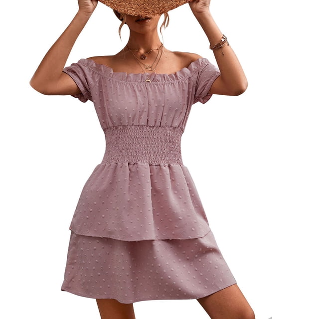 Vestido de una pieza de moda con hombros descubiertos y tejido jacquard con volantes y cintura ajustada para mujer