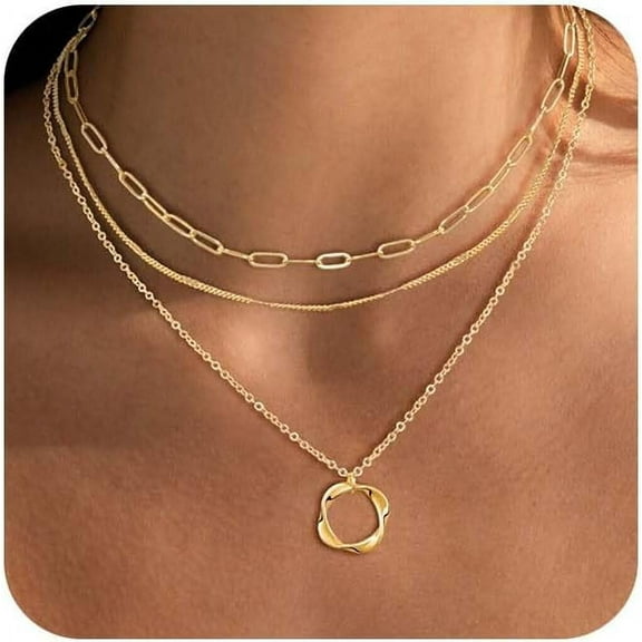 Layered Quality Choker Necklaces, 14k Gold Plated/Sterling Silver Stackable Circle Pendant Chain Necklace Set[b726]