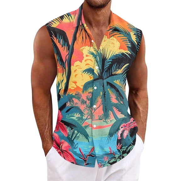 Hogleaql Mens Hawaiian Shirts Sleeveless Button Down Tshirt Tropical Graphic Vacation Fashion Beach Tshirt White M