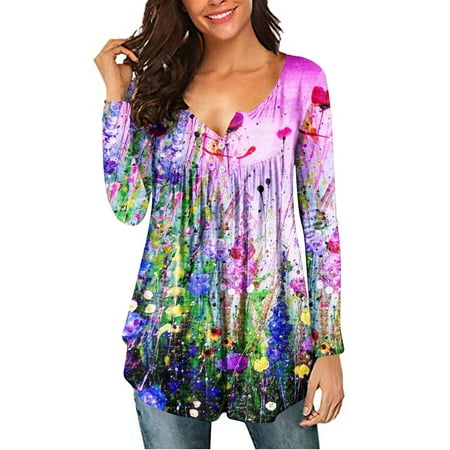 

Juebong Women s Long Sleeve Pleated Sweatshirts Vintage Button Down Tunic Tops Henley V Neck Swing Shirts Floral Print Ruffled Hem Blouses Loose Fit Workout Pullover Tops