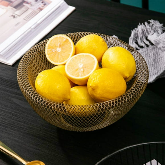 Double Wall Mesh Decorative Fruit Basket Metal Mesh Snack Basket Decorative Bowl Centerpiece Kitchen Holder - Gold