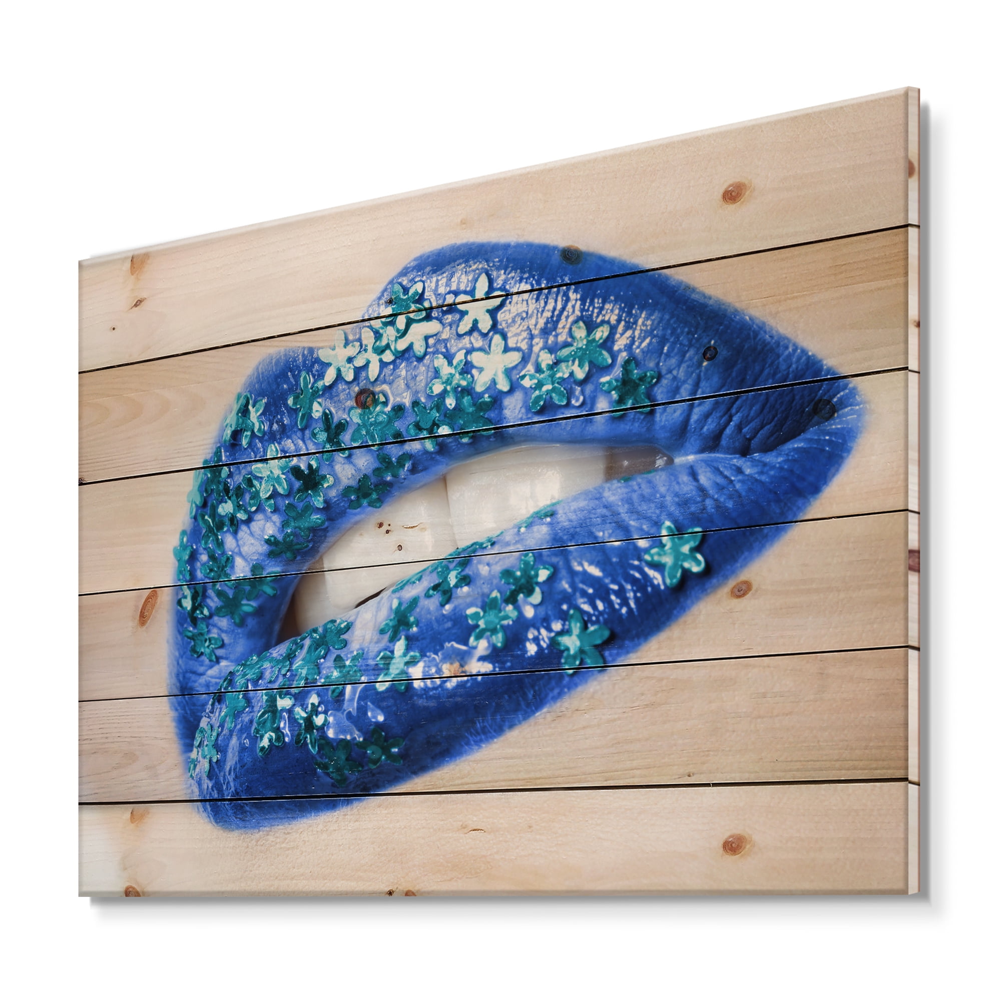 Designart 'Beautiful Woman Lips Blue With Flowers' Modern Print on Natural Pine Wood