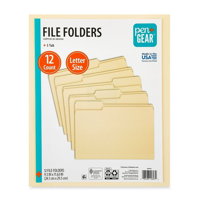 12-Pack Letter Size Manila File Folders – Three-Tab Cut, For Home, Office, School