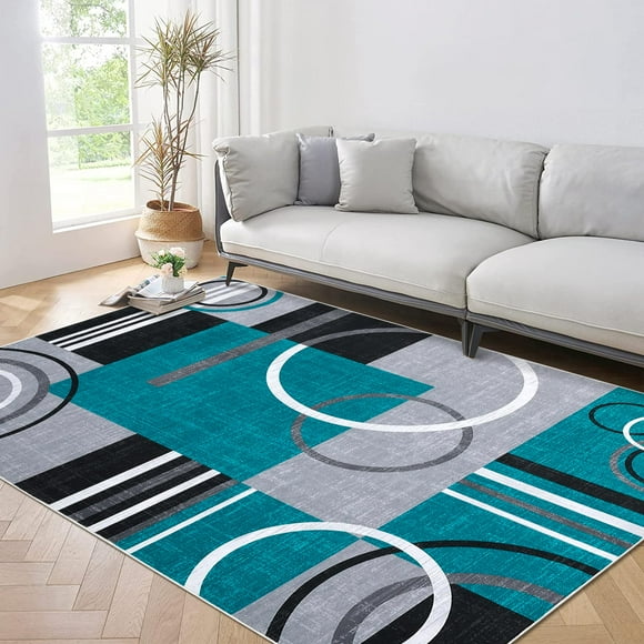 Large Area Rug 10x13ft – Washable Soft Non-Slip Low Pile Carpet with Abstract Circle Design, Turquoise – Stain-Resistant Oversized Rug for Living Room and Bedroom