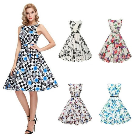 Style One Piece Dress - Women Retro Vintage Rockabilly Style 1950s 60s Floral Swing Sexy Casual Dresses