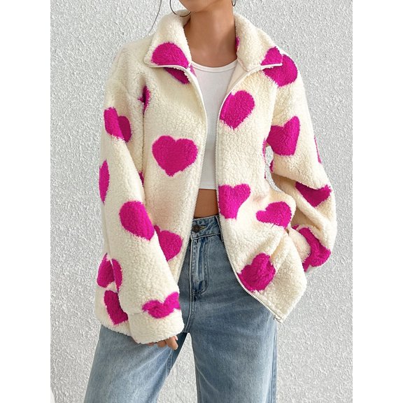 Women's Heart Print Sherpa Jacket, Plush Full-Zip Stand Collar Fleece Coat for Casual Cold-Weather Layering