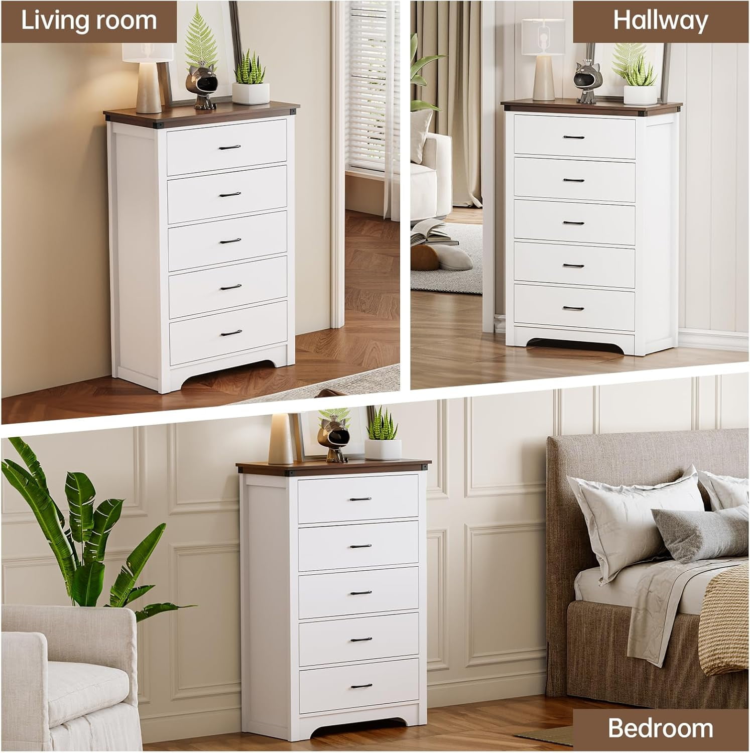 Farmhouse 5 Drawer Dresser for Bedroom, 47" Tall Chest of Drawers, Wood White Dresser with Deep Drawers, Storage Dressers Organizer for Bedroom, Living Room, Hallay, White